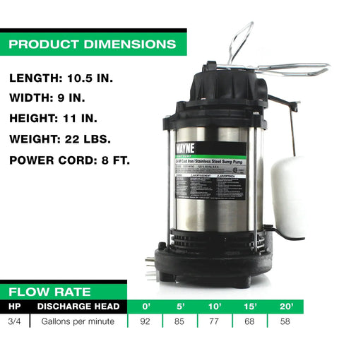 Three Quarter HP Submersible Sump Pump With Float Switch Cast Iron 5490 GPH front view showing dimensions and specifications