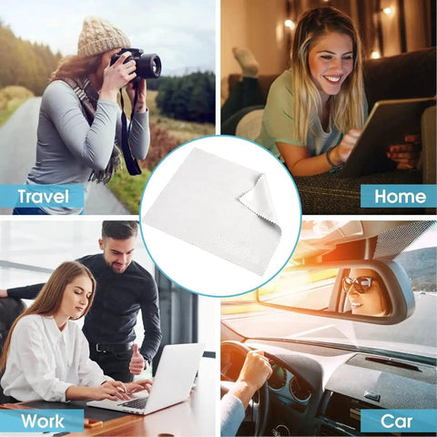 Collage showing four uses of 18 Pack Premium Microfiber Cloths For Glasses, Screens, Cameras And Phones in various settings.