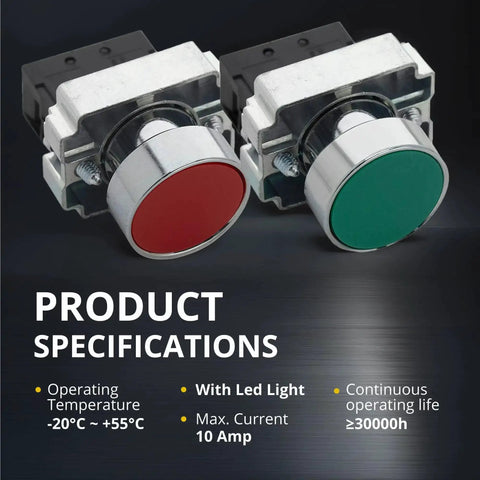 Red and green momentary push buttons from 22mm Control Station Box Set with specifications for industrial panels