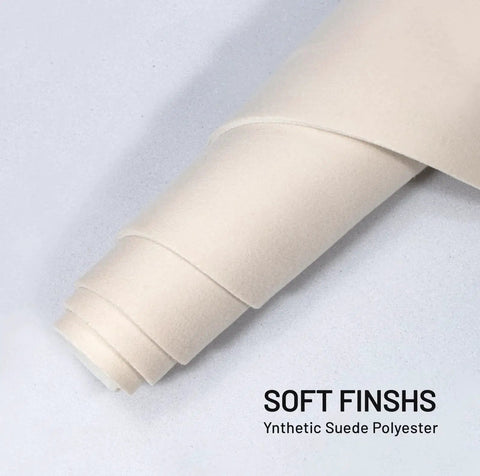 Beige Suede Auto Headliner Fabric 96 Inch By 60 Inch For Car Interior rolled up with text 'Soft Finish' on white background.