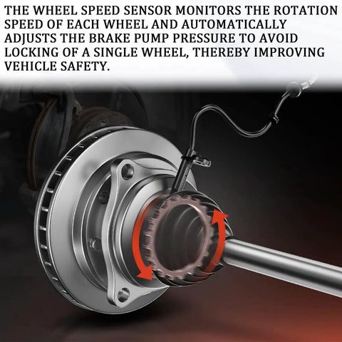 PVOTAWP rear-left wheel speed sensor with wiring, mounted near brake rotor and hub, black