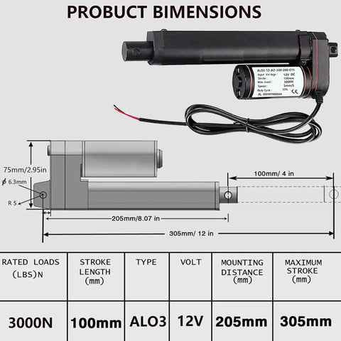 Beefy 12V Linear Actuator With 4 Inch Stroke, 5mm Per Second, IP54 Waterproof, 3000N 660 lb Peak Lift product dimensions diagram.