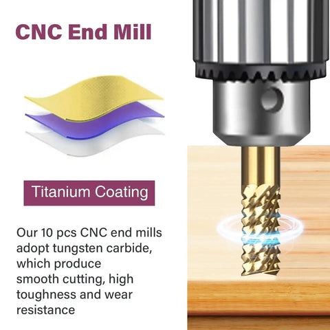 Close-up of titanium coated engraving milling cutter for Dremel in action, illustrating smooth cutting with 10 pcs carbide end mills.