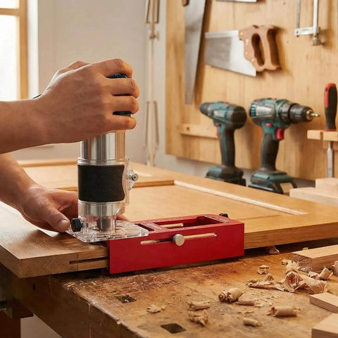 Pro Grade Door Hinge Router Jig Kit Durable Aluminum Mortise Template for Doors in use on a wooden door in workshop