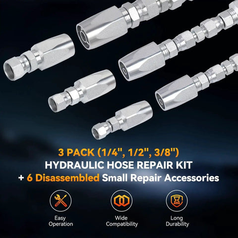 Hydraulic Hose Field Repair Kit With Three Diameters One Quarter Inch Three Eighths Inch And One Half Inch Inner Diameter Plus Six Small Repair Parts shown