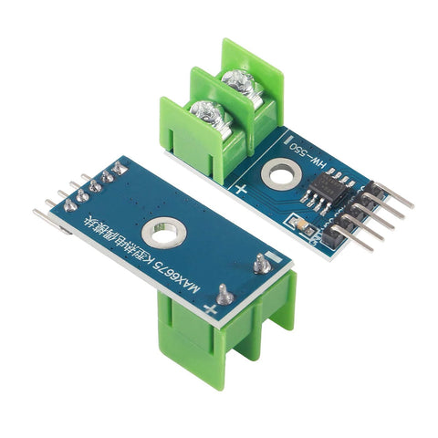 Blue MAX6675 temperature sensor module with K-type thermocouple, green terminal blocks, 6-pin header (set of 2 shown).