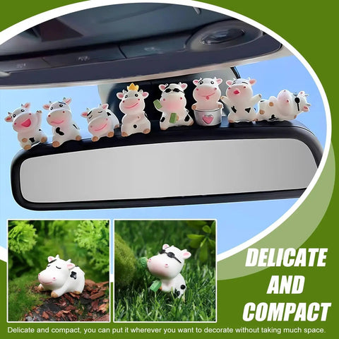 8 Pcs Cute Cow Car Dashboard Ornaments Set For Interior Decor displayed on car rearview mirror