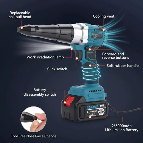 Portable Cordless Brushless Rivet Gun With Automatic Operation, Heavy Duty Electric Riveter Kit showing features and parts
