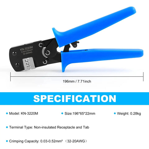 Micro Molex Crimper For D Sub JST And JAE Connectors That Handles 32 To 20 AWG Wire with blue handles and specifications displayed.