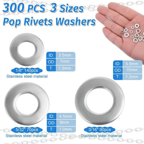 All In One Pop Rivets With Washers Kit showing 300 stainless steel washers in various sizes for DIY repair projects.