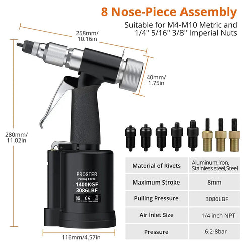 Your Go To Heavy Duty Pneumatic Hydraulic Rivet Nut Set Kit with Eight Mandrels and Storage Case
