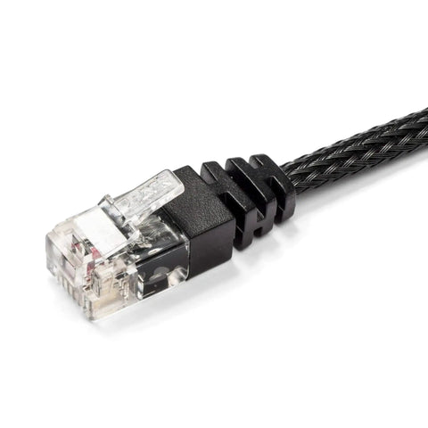 Close-up of Radar Mount RJ11 Mirror Wire Power Cord for Detectors DFR7 R3 R4 R7 R8, black cable with RJ11 connector.