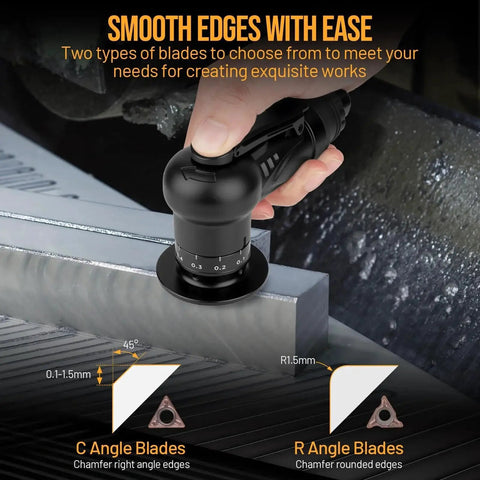 Pneumatic Chamfering Tool With 6 C Angle And 6 R Angle Blades For 45 Degree Bevels And Radius Edges Upgrade Air Deburring Tool In Use