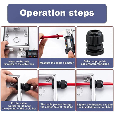 Operation steps for installing Heavy Duty Waterproof Adjustable Cable Gland Set 1/2 To 5/8 Inch 12-16mm PG19 Nylon.