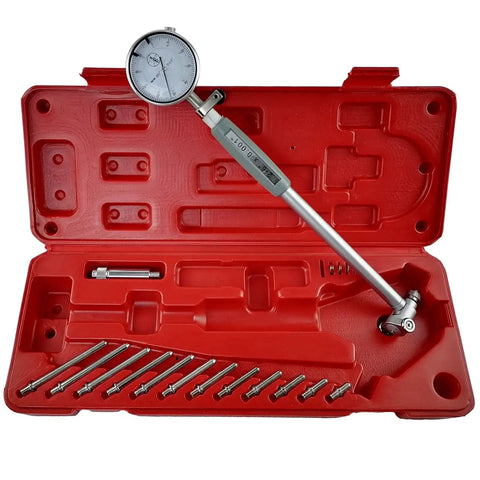 Dial Indicator Bore Gauge 2 To 6 Inch Range With 0.001 Inch Accuracy in red case with 6 inch stem and carbide anvils