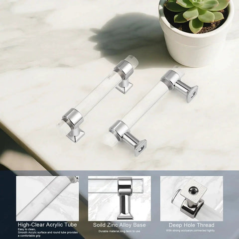 5 Pack Polished Chrome Acrylic Cabinet Pull Handles For Kitchen Drawers And Bathroom Cabinets, 3 Inch Center To Center