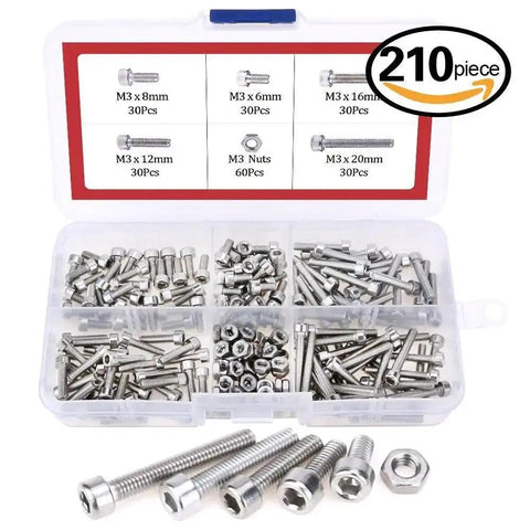 Open organizer box displaying 210 pieces M2 and M3 stainless steel hex socket head cap screws and nuts set