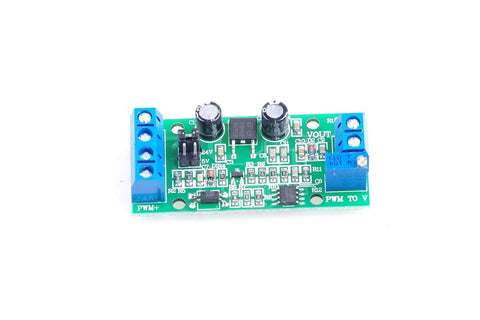 Industrial PWM To Analog Converter Module with connectors and capacitors, converts 0-100% PWM to 0-10V/0-5V output for PLCs.