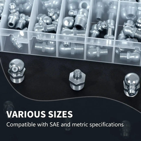 Grease Fittings 24 Size SAE And Metric Zerk Fitting Assortment Kit All In One For Straight 45 Degree And 90 Degree Nipples Includes One Quarter Inch One Eighth Inch Five Sixteenth Inch Three Eighths Inch Galvanized Steel