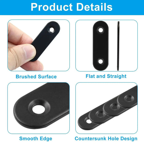12 Pcs 2 Inch Straight Mending Braces Kit With Stainless Steel Plates And Screws, close-up on black brace details.