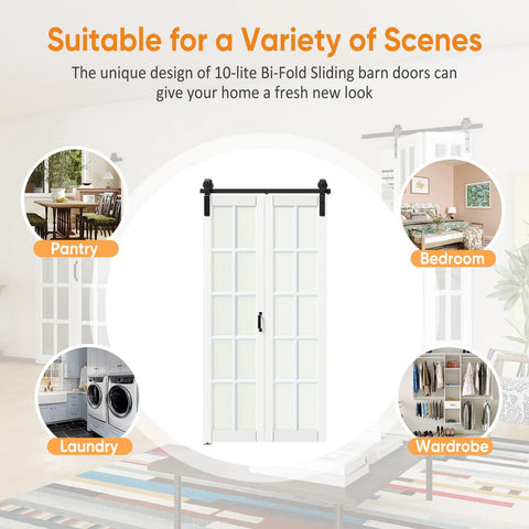 Bi-Fold Barn Door Kit 42 By 84 Inches With 10-Lite Tempered Frosted Glass Panels And Sliding Hardware For Two Doors White MDF Closet Slab 3.83 Foot Track Space Saving Modern Home Upgrade shown in various room setups