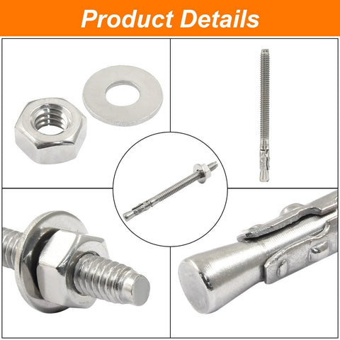Stainless Steel Wedge Anchors For Concrete 1/4 Inch By 3-1/4 Inch 10 Pcs Rust Resistant Corrosion Resistant Close-up with Components
