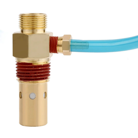 Brass air compressor check valve assembly with 1/2-inch MNPT threads and attached blue hose