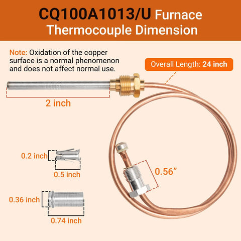 2-pack CQ100A1013/U furnace thermocouples with copper tubing and brass adapter, 24-inch overall length.