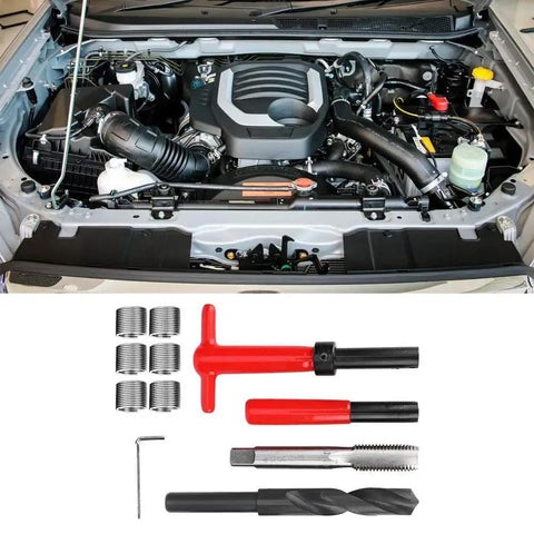 M16x2 Stainless Steel Thread Repair Kit, 11 Piece Set With Twist Drill, Tap Wrench, Hex Wrench, and Engine in Background