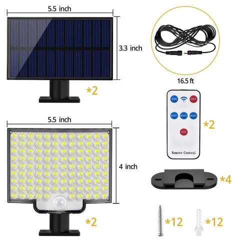 Outdoor Solar Flood Lights With Motion Sensor, 106 LED 3000LM, 16.5Ft Cable, remote, and mounting kit shown in detail