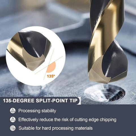 Close-up of 23/32 Inch Drill Bit Pro Grade With 1/2 Inch Reduced Shank 3 Flat Shank 4241 High Speed Steel Black Gold Finish in use.