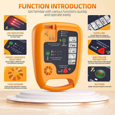 Portable AED Defibrillator showing function introduction and user guide for home, gym, subway, and workplace use