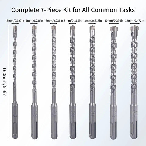 7pc SDS Plus Masonry Drill Bit Set With 4 Cutter Cross Tip And Double Thread For Fast Concrete Drilling, 6.3 Inch Length Tungsten Steel Bits For Stone Brick Walls Built Tough For Rotary Hammer Kinspire, displayed in a row with varying diameters.