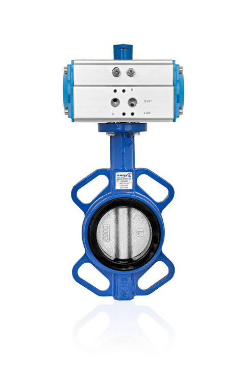 UNOX pneumatic butterfly wafer valve DN125 (5 in), blue body with stainless steel disc and EPDM seat