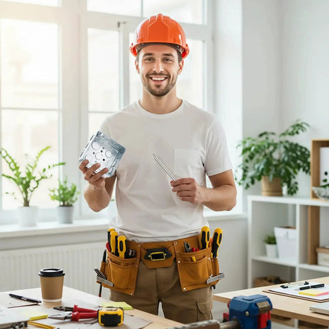 Electrician holding Heavy Duty Steel Wire Pulling Roller for 4 Inch Electrical Boxes, showcasing one person operation and DIY setup.