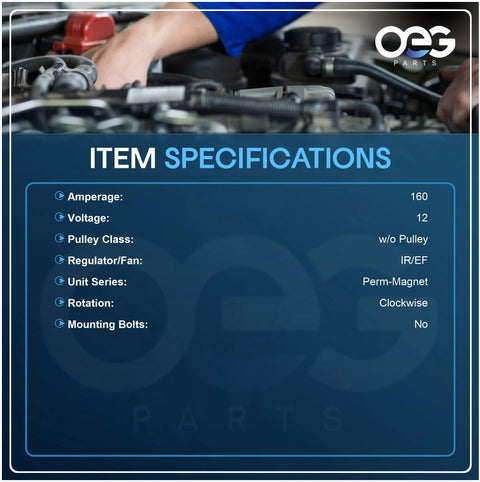 Close-up of specifications card for Beefed Up Replacement Alternator For Volvo Kenworth Freightliner With Cat And Cummins Engines 1988 Through 1996 Compatible With 1117920 1117921 1117922 1117934 1117964 19010126 19010145 19010168 And Other OEM Numbers.