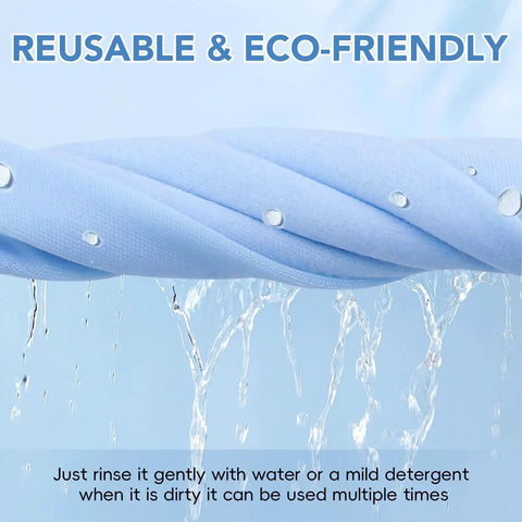 Reusable microfiber cloths with water droplets, promoting eco-friendly cleaning for glasses, screens, and cameras. 6x7 inches.