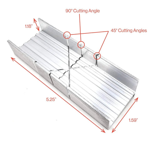 Image of Six Inch Metal Miter Box Set With Aluminum And Steel Construction showing dimensions and cutting angles at 45 and 90 degrees.