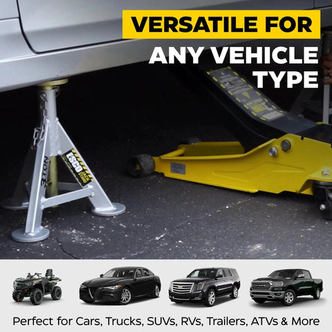 3 Ton Jack Stands Pair With 10 Adjustable Heights And Rust Resistant Post supporting a vehicle in a garage setting