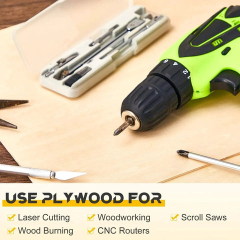 Drill and tools on plywood for woodworking, laser cutting, scroll sawing, CNC routers, and wood burning