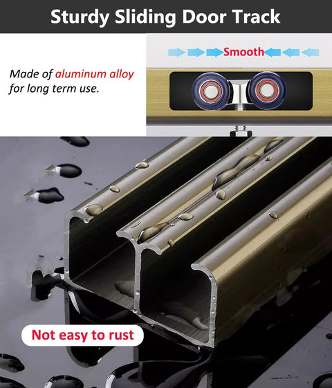 Close-up of premium aluminum sliding barn door hardware kit track, showcasing rust resistance and smooth rollers for indoor use.