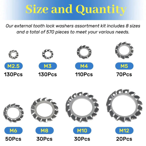 Front view of external-tooth lock washer assortment kit, 304 stainless steel, 570 pcs, sizes M2.5–M12.