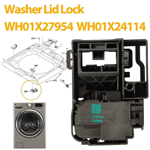 Washer lid lock switch assembly WH01X27954, black plastic, GE/Hotpoint compatible, installed view