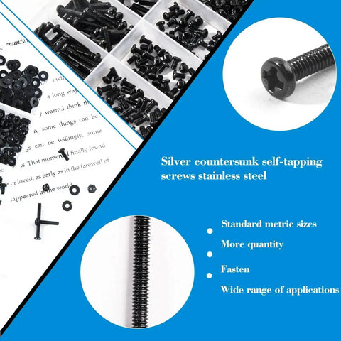 Eight Sizes M2 Pan Head Phillips Machine Screws Set 4mm To 20mm Black Carbon Steel Fasteners Kit With 150 M2 Nuts And 150 Washers