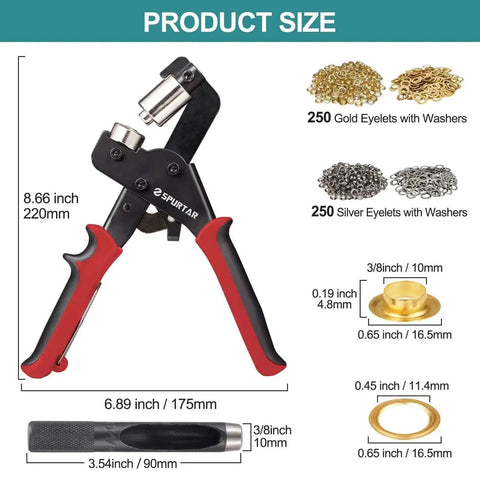 3/8 Inch Grommet Tool Kit With Magnetic Punch includes pliers, 500 gold and silver eyelets, and hollow punch shown in product size chart