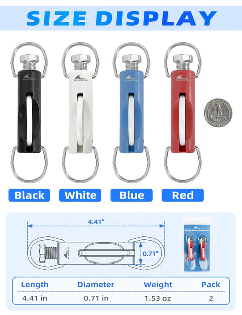 Size display of Upgraded Zirconia Outrigger Release Clips With UV Resistant POM Housing, BlueWing Two Pack, red finish, 4 colors shown.