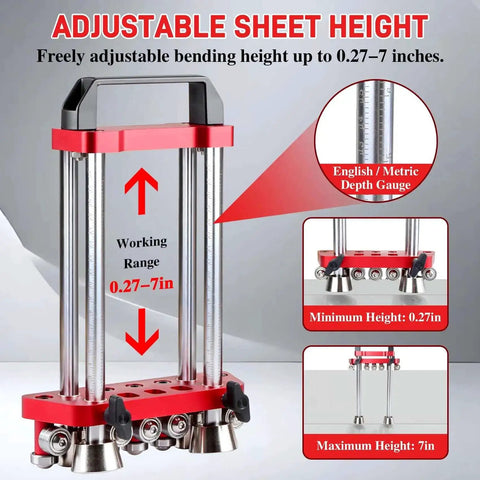 Two Station Edge Bender For Sheet Metal Roller And Roof Projects, adjustable height range, English/Metric depth gauge, pro-grade tool