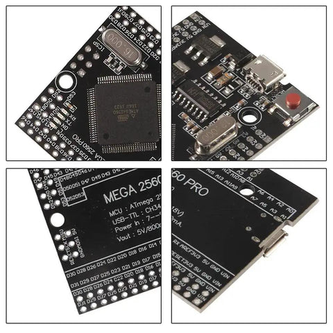 Close-up of Mega 2560 Pro Embedded Board With CH340G USB UART Converter And ATmega2560-16AU Chip showing pin details.