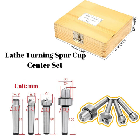 MT1 Wood Lathe Center Kit with Four Live Centers, spur cup ends, wooden storage box, steel construction, woodworking tools.