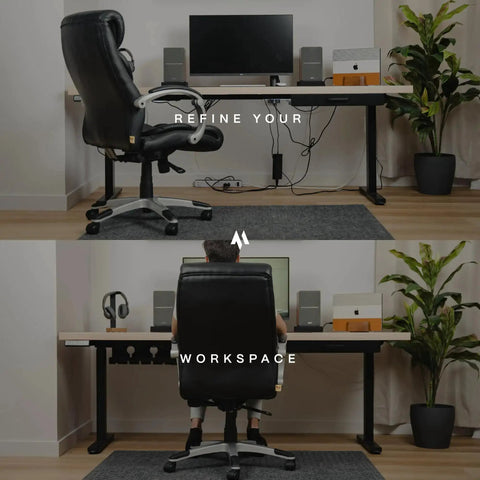 Before and after of a desk using Under Desk Cable Management Tray 2 Pack For MacBook Chargers And Power Strips Cord Organizer For Standing Desks